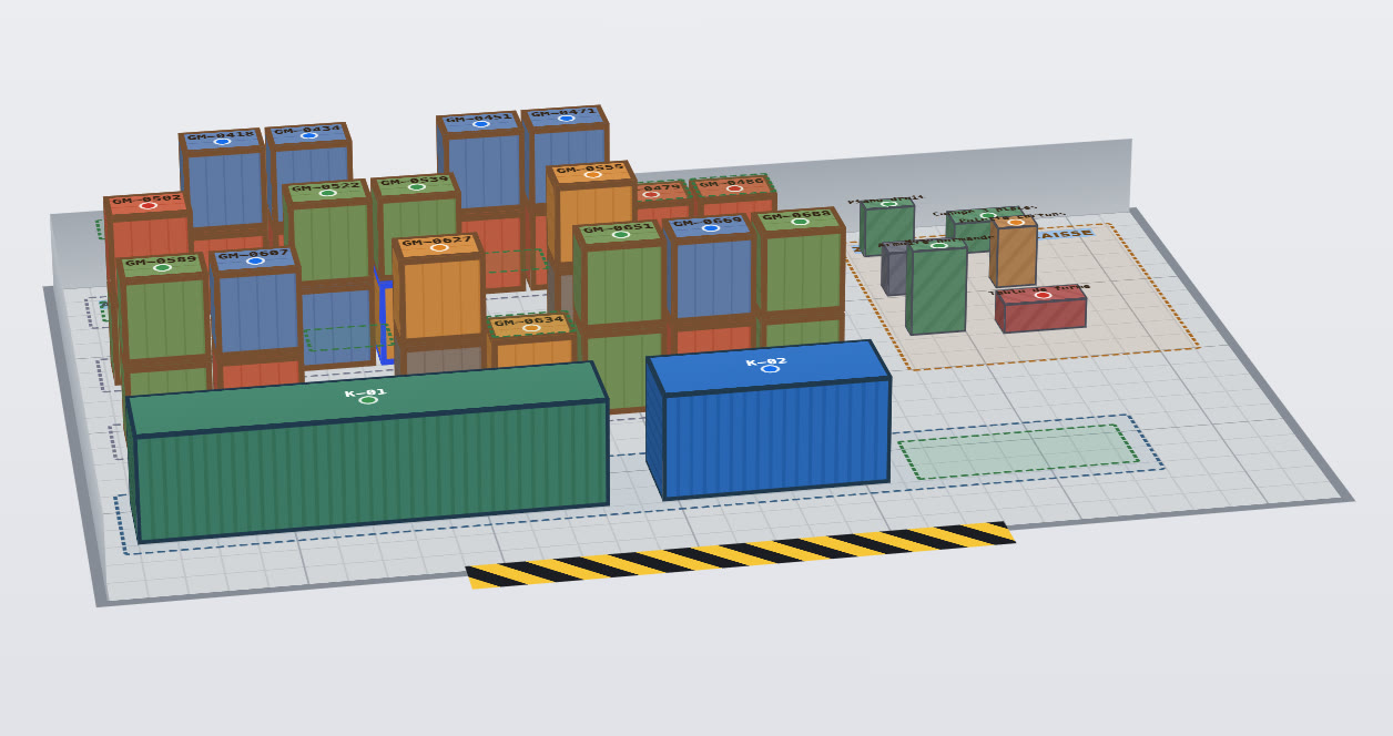 3D floor plan of a storage warehouse in MoverTrace: wooden vaults, containers and loose items, to scale