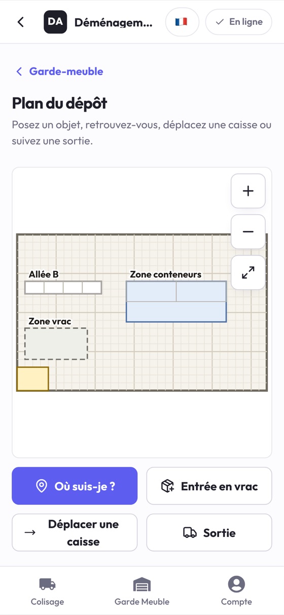 スマートフォンの現場用アプリ画面：保管倉庫の見取り図と、「現在地」「バラ入庫」「箱の移動」「出庫」のボタン